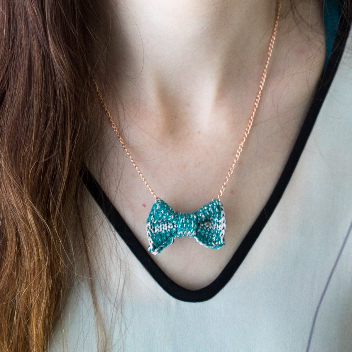 Sparkly Green + Pale Gold Mini Bow Tie Necklace - Wool & Water