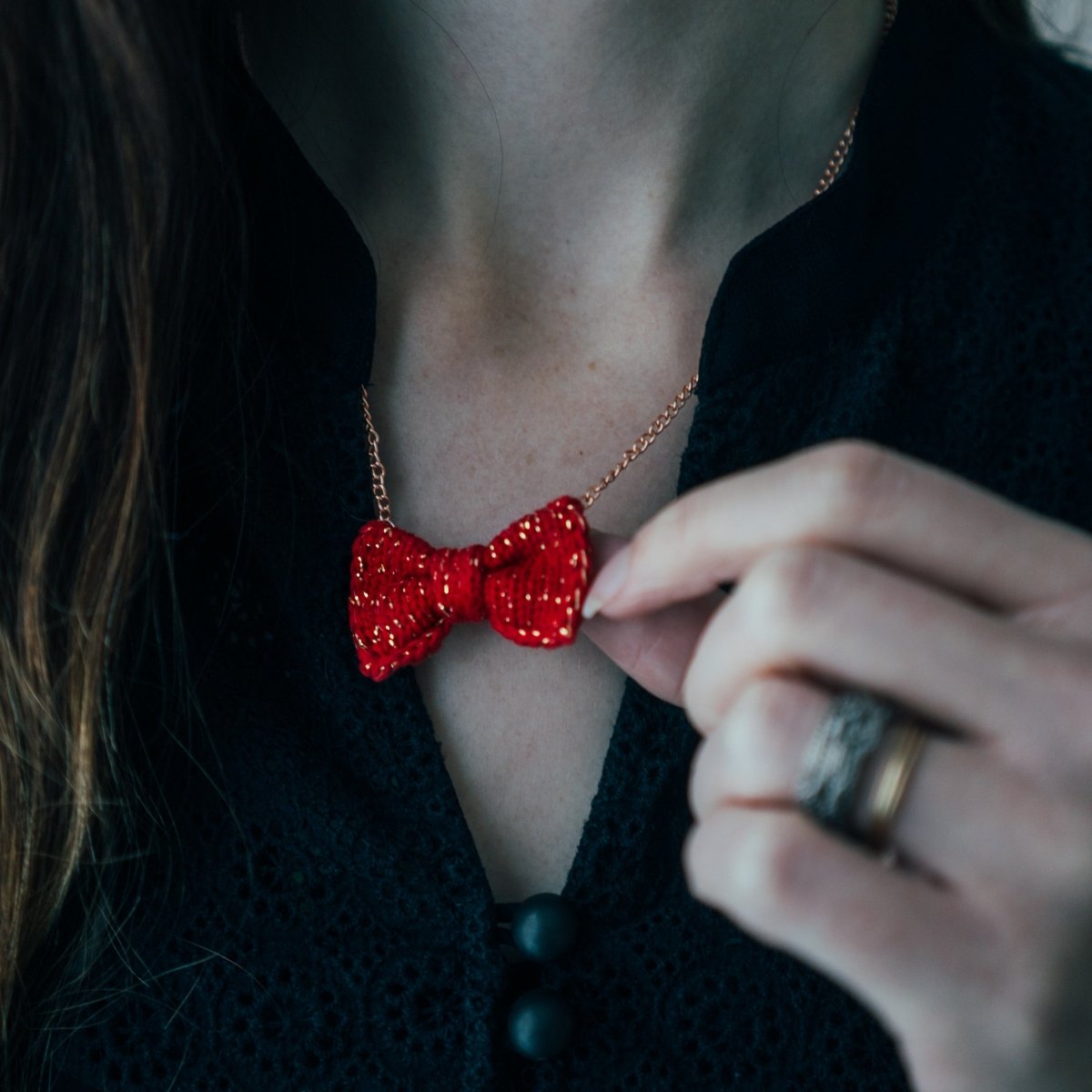 Sparkly Letterbox Red + Gold Mini Bow Tie Necklace - Wool & Water