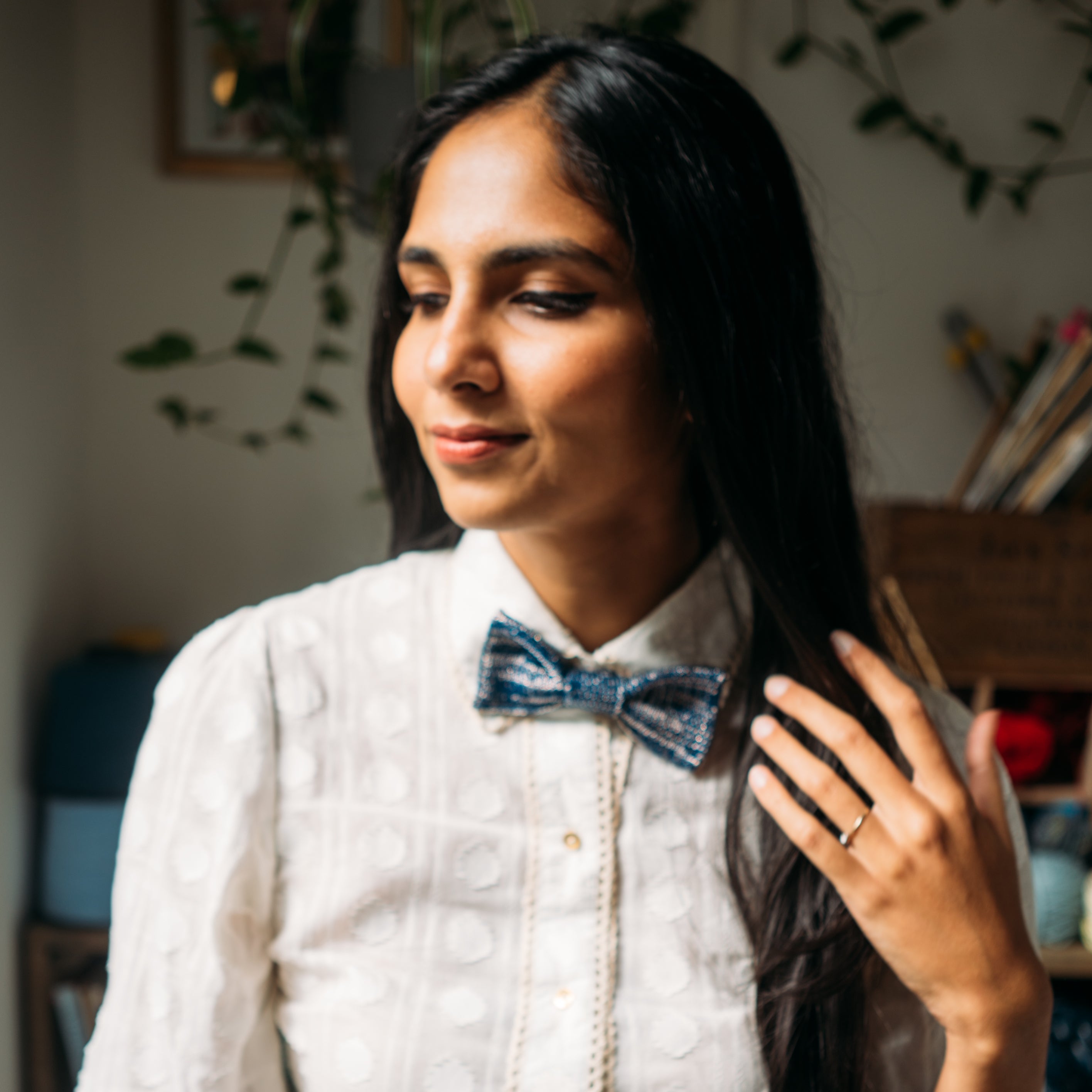 Indian Woman wearing  a Great Gatsby Blue Sparkly Bow Tie 