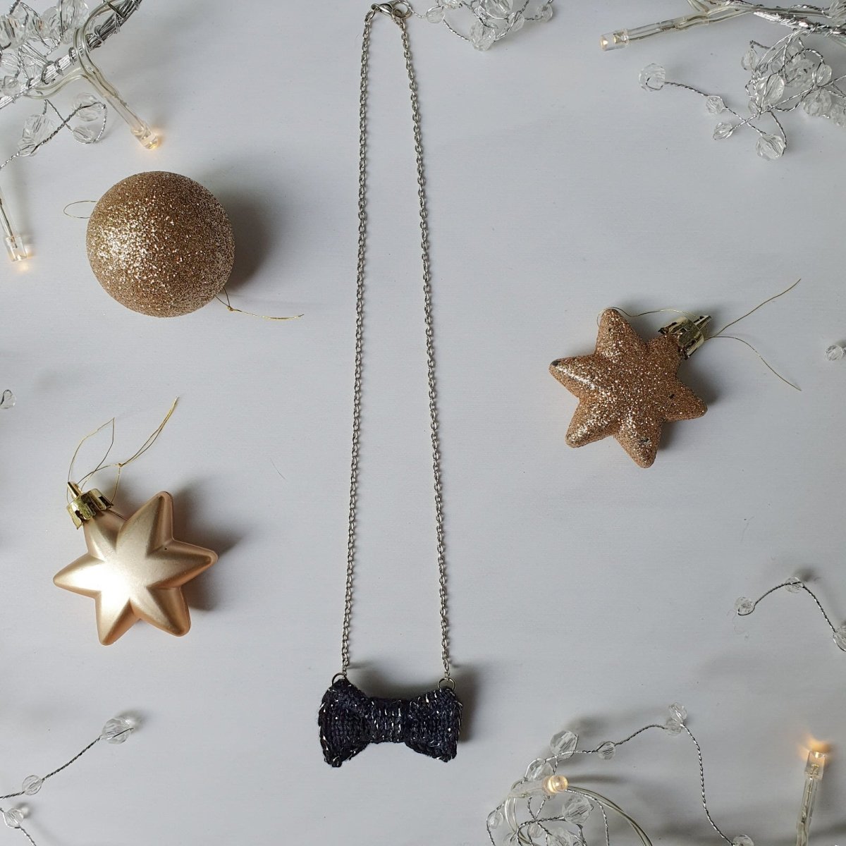 Sparkly Black + Silver Mini Bow Tie Necklace - Wool & Water