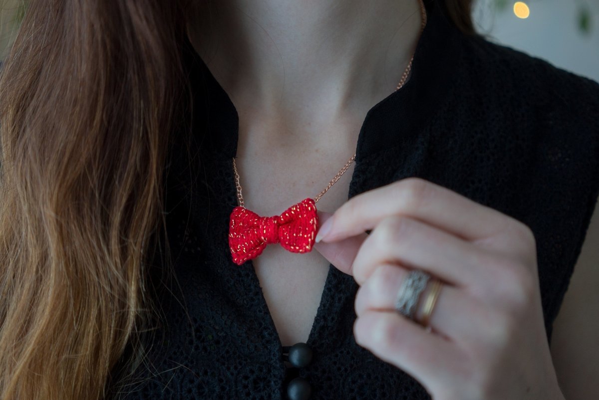 Sparkly Letterbox Red + Gold Mini Bow Tie Necklace - Wool & Water